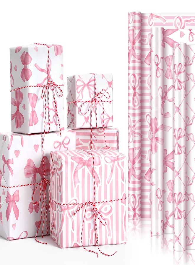 Moinchore 6 Rolls Pink White Bow Wrapping Paper 16 x 39 Inch Per Roll Bachelor Party Decorations Pink White Bow Tissue Printed Wrapping Paper Gift for Bridal Shower Birthday Graduation Party Decor, 3 Style - Image 1